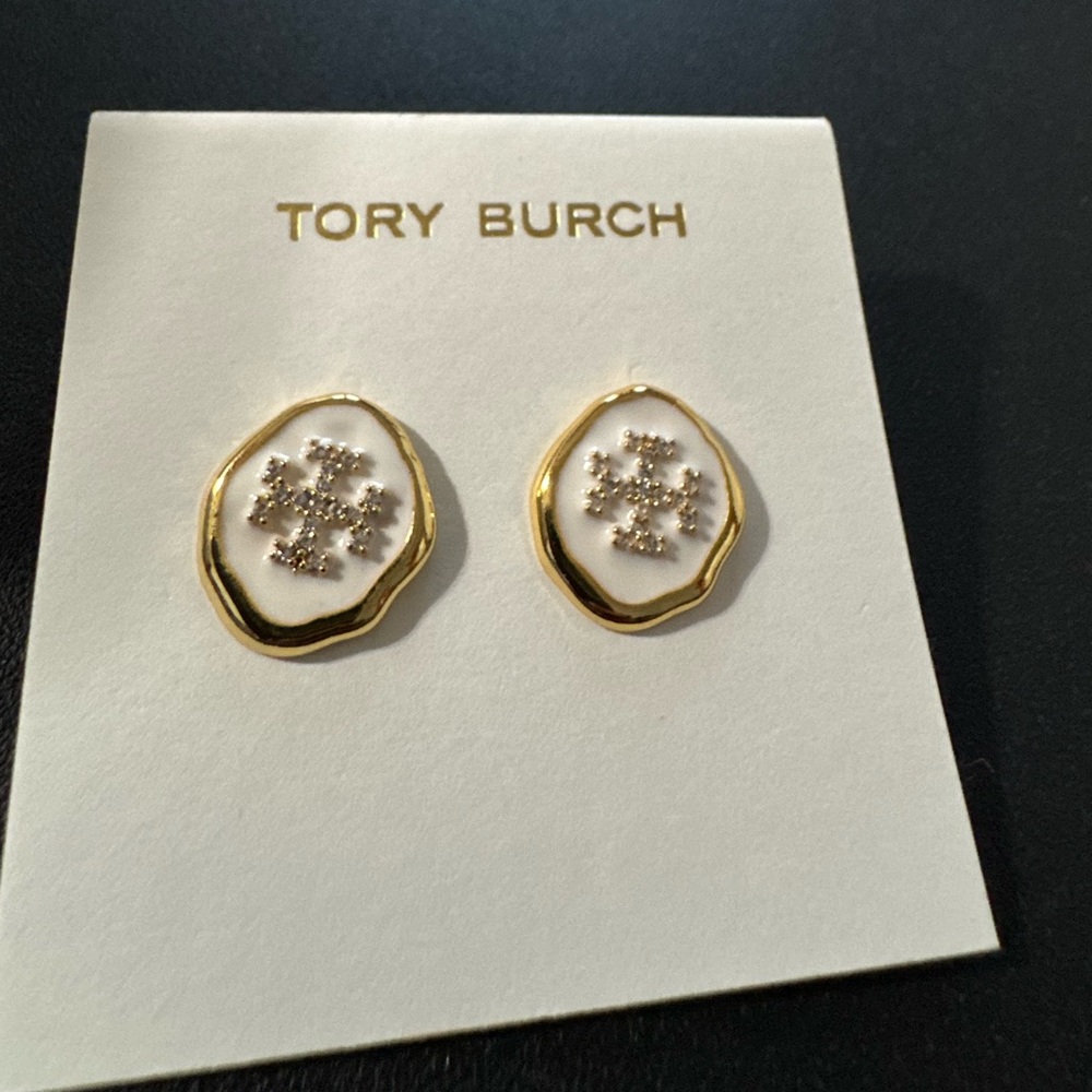 Tory Burch Elegant Gold and White Stud Earrings